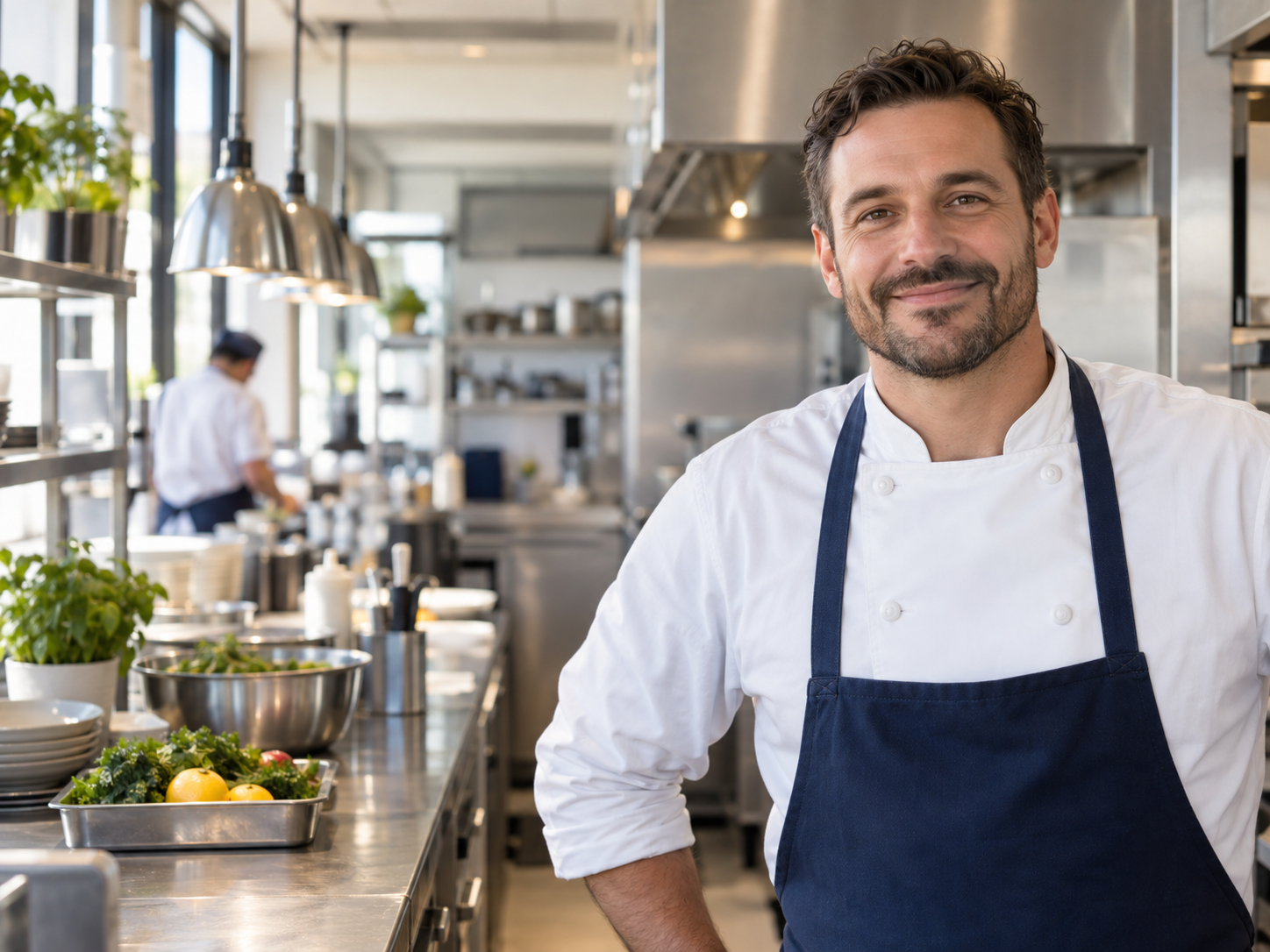 A chef in a white jacket in a professional kitchen