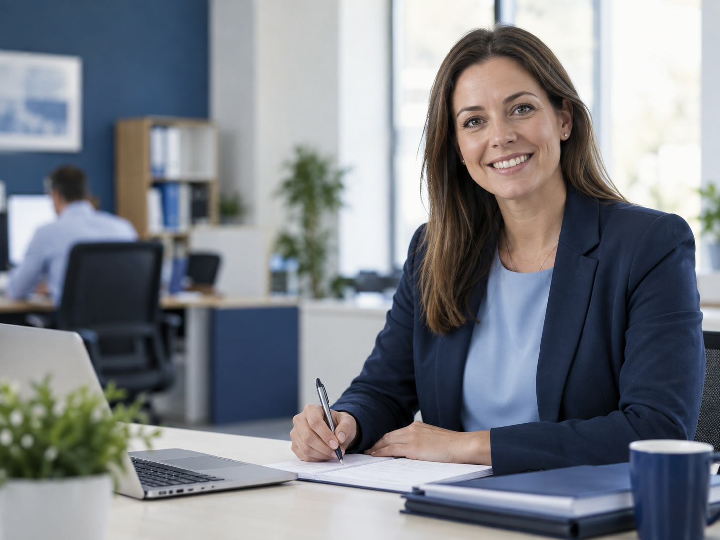 An office administrator at a desk in a bright office